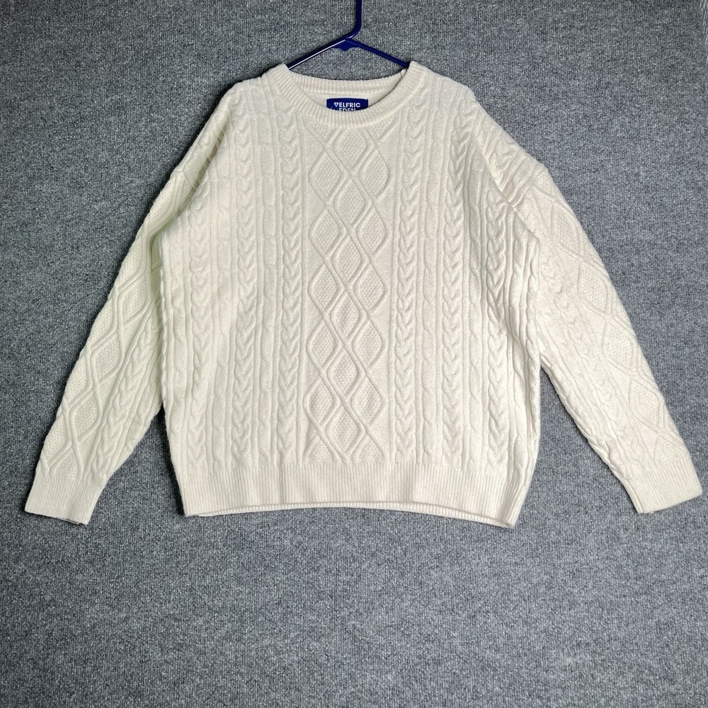 Aelfric Eden Retro 90s Cable Knit Sweater Men XL White Cream Ivory Fisherman‎